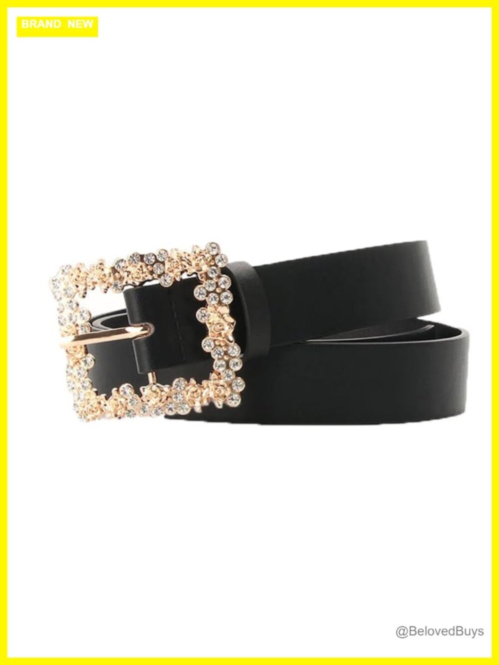 Women Rhinestone Faux Leather Belt Rose Gold Square Buckle